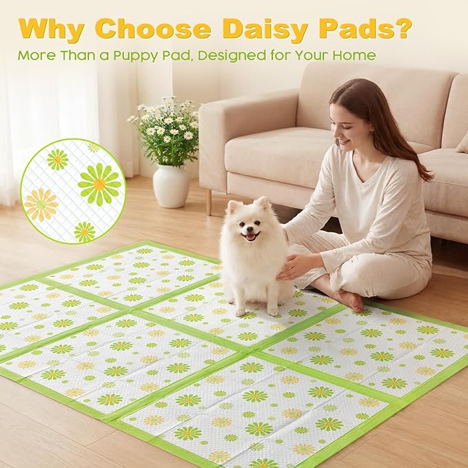 MIZOK Puppy Pads 22"x22", Dog Pee Pads 6-Layer Super Absorbent & Leak-Proof, Daisy Pattern, 4-Corner Adhesive Tabs, Wee Wee Pads for Puppies & Small Dog Breeds, Regular Size (30 Counts)