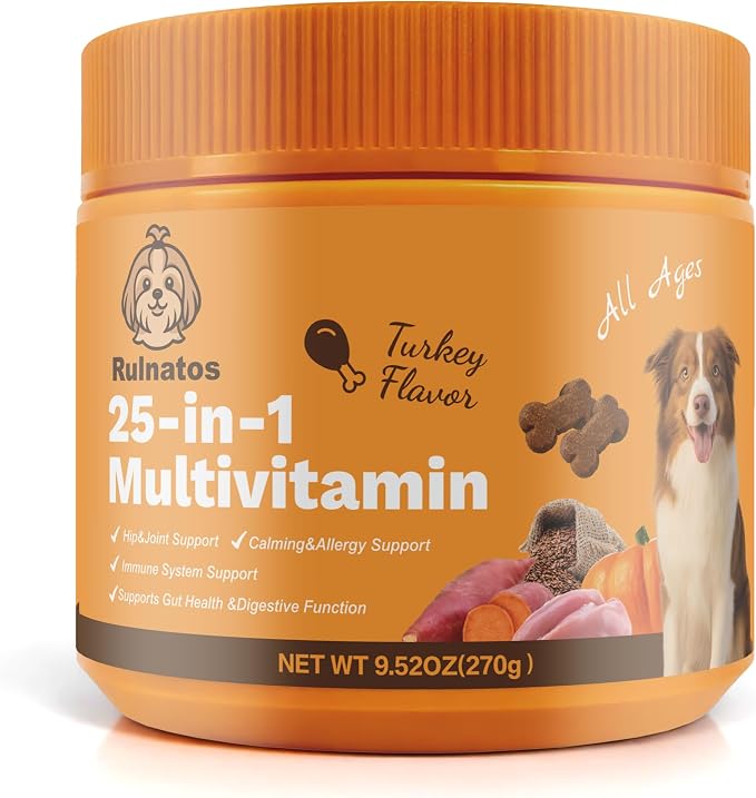 25-in-1 Dog Multivitamin, Chewable Supplements for Hip & Joints, Immune System, Gut & Digestive, Calming & Allergy Support, Omega 3 for Puppy & Seniors Dogs - 90ct (Turkey)