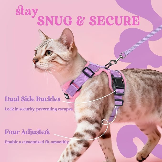 rabbitgoo Cat Harness and Leash Set, Escape Proof Vest, Pink & Light Purple | Soft Breathable Mesh, Easy Adjustable Fit, Snap Buckles, Sturdy Clip, Reflective Strips, for Medium to Large Cats Walks, M