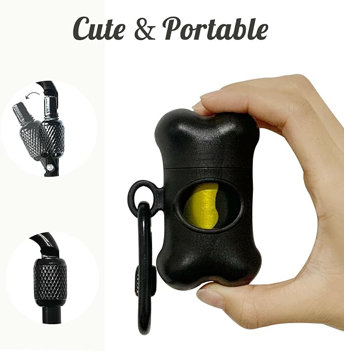 Bone-Shaped Dog Poop Bag Holder for Leash |Dispenser with 15 Leak-Resistant Waste Bags & Carabiner Clip(Black)