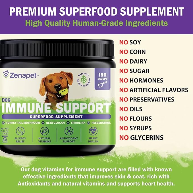Dog Immune Support Premium Powder Topper, Turkey Tail, Spirulina & Beta-Glucan, Supports a Healthy Immune System & Digestion, Human-Grade, Made in USA