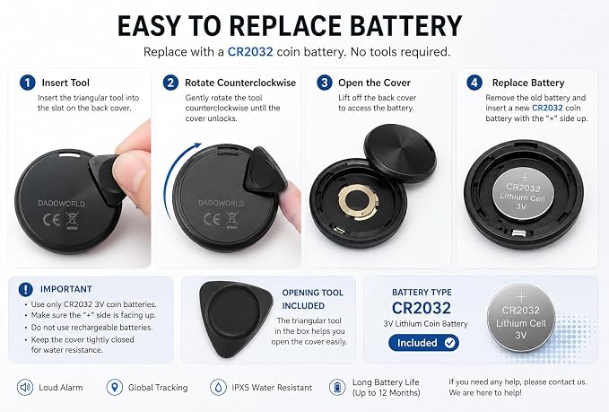 Smart Tag for Android & iPhone, Bluetooth Tracker Works with Google Find My Device & Apple Find My, GPS Item Finder for Keys, Wallet, Luggage & Pets, Loud Alarm, Replaceable Battery by DadoWorld