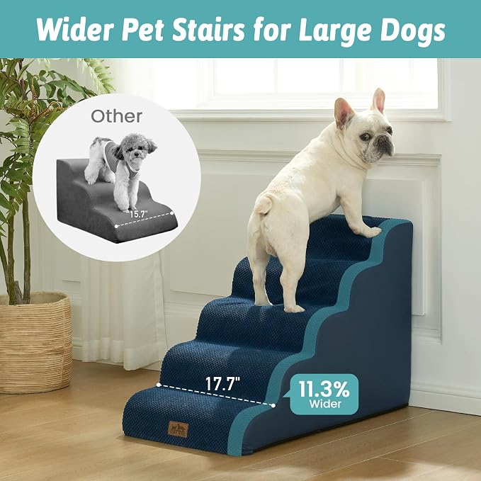 COZY KISS Wide Dog Stairs for Small Dog 22.6" H, Curved Pet Step for Puppy, Older Cat, Curved Ramp for High Bed or Car, Ladder with High Density Foam, Durable, 5 Step, 17.7x33x22.6 inch, Navy Blue