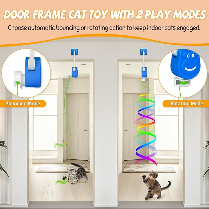 Door Frame Cat Toy for Indoor Cats, Automatic Hanging Toy | Interactive cat toys for indoor cats with 2 play modes: automatic bouncing and rotating; hangs from door frames.