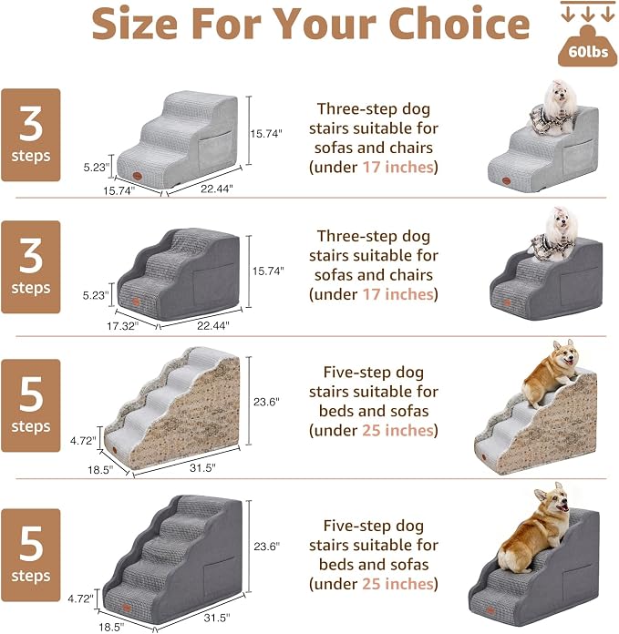 Woochpet Woochpet Dog Stairs for Small Dogs, 15.7”H Ramp 3 Tier Wider Curved Pet Stairs for Couch and Beds，Weighted Base Plate Indoor Dog Steps with Non-Slip Bottom and Washable Cover for Old Cats