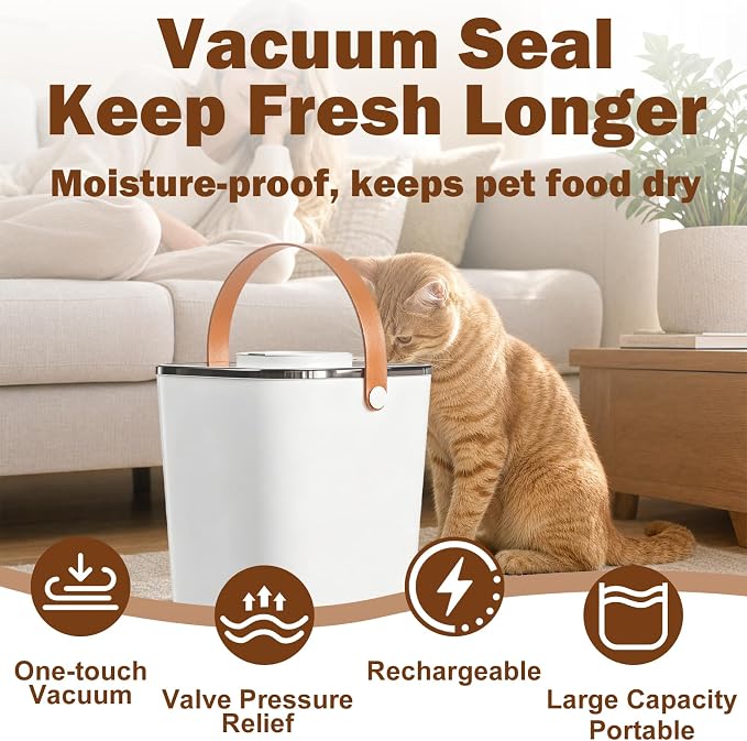 13L Smart Vacuum Pet Food Storage Container, Airtight with One-Touch Sealing, 5.5-7.5kg Large Capacity, White, with Handle and Scoop