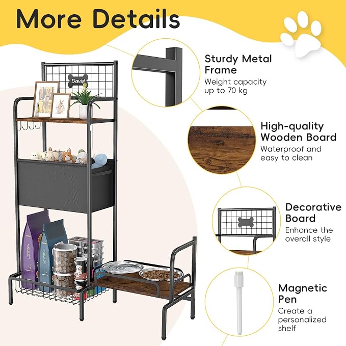 Elevated Dog Bowl Stand, Adjustable Raised Dog Stand, Pet Feeding Station Cabinet with Storage Organizer, Large Toy Bin Basket, Lifted Food and Water Bowl Holder for Large Medium Small Breed