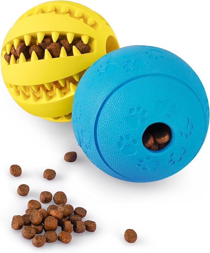 HIPPIH Dog Puzzle Toy 2 Pack, Interactive Dog Toys for Treat Dispensing | Durable Puppy Enrichment Toys, Dog Treat Ball for Teething, Slow Feeder, IQ Training, Yellow-2.75'', Blue-3.14''