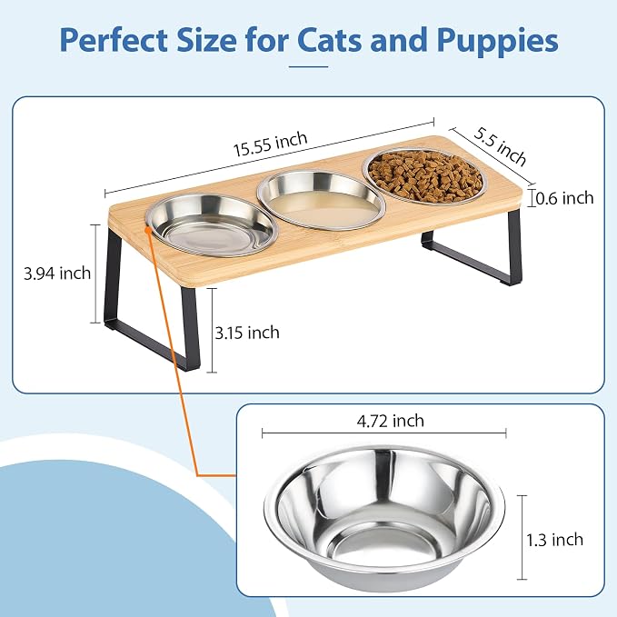 Hannadepot Elevated Cat Bowls, 15° Tilted Raised Cat Food and Water Bowl, Anti-Vomit & Whisker-Friendly Design, 3 Stainless Steel Bowls for Cats and Small Dogs