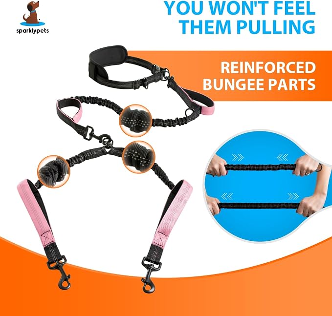 SparklyPets Hands Free Double Dog Leash – Dual Leash for Medium and Large Breeds – Lead for 2 Dogs with Padded Handles, Reflective Stitches, No Pull, Tangle Free
