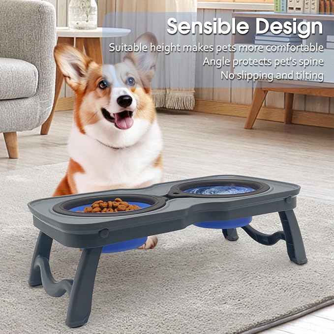 PINVNBY Elevated Portable Dog Bowl Stand with Collapsible Bowls