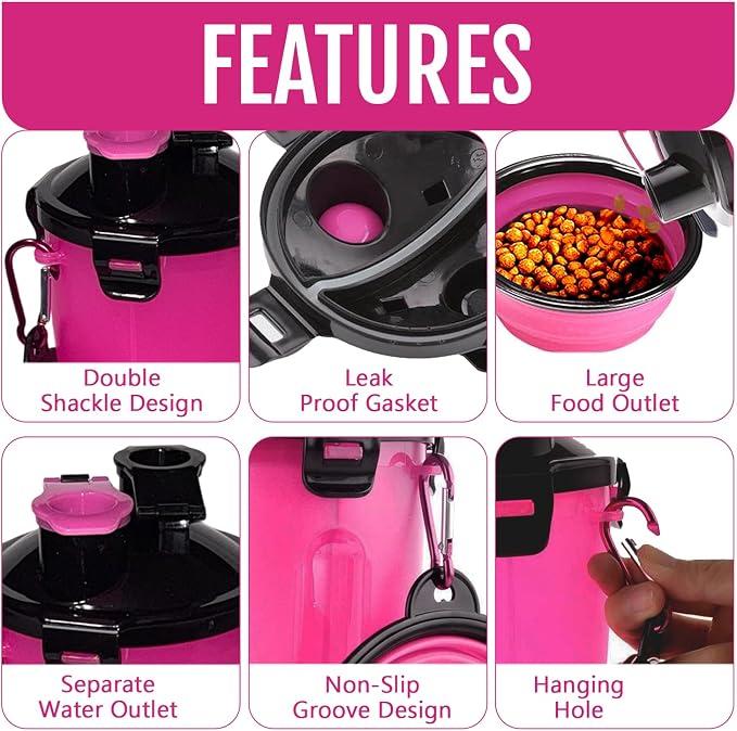 2-in-1 Dog Travel Water Bottle with Collapsible Bowl, Pink