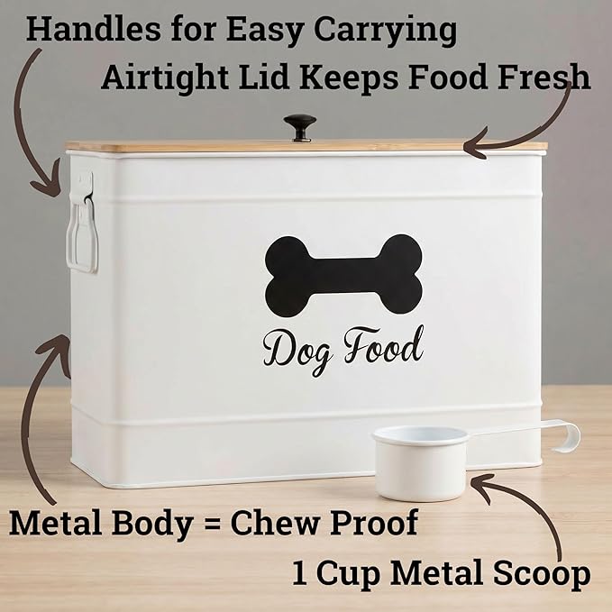 Metal Dog Food Container 15-20 lbs w/ Airtight Bamboo Lid, 20 lbs, Bamboo, White