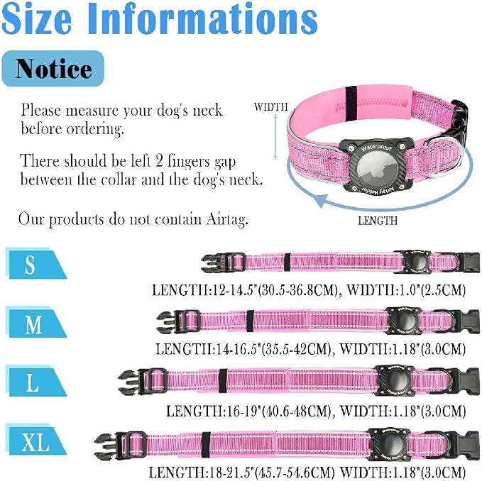 Upgrade Dog Collar with AirTag Holder, IP68 Waterproof, Pink, M | 1000D Nylon, Reflective Stitching for Night Visibility, Adjustable Soft Padded, Ultra-Durable, for Small Medium Large Dogs