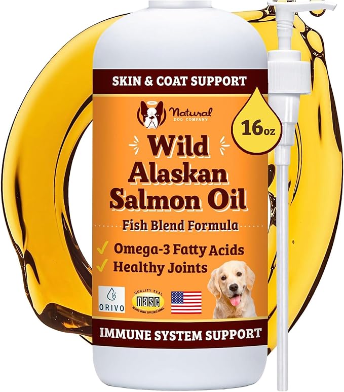 Natural Dog Company Wild Alaskan Salmon Oil Formula with Omega 3, Fish Oil for Dogs Supplement, Skin & Coat Dog Oil, Itchy Relief, Immune Support for Joints & Heart, Liquid Food Topper, 16 oz.
