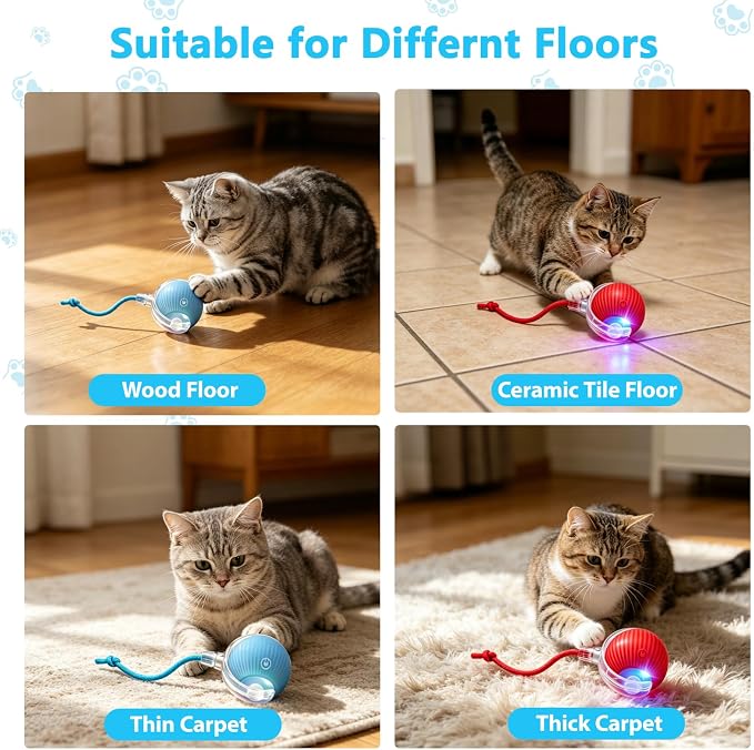 Interactive Cat Toys Ball for Indoor Cats, Automatic Self-Rolling, Motion-Activated, Bird Chirping Cats Dogs Ball Toy with Elastic Mesh Tail, Cat Enrichment Toys for Indoor Cats (Red+Blue)