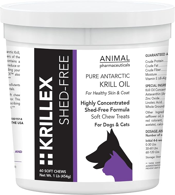 Animal Pharmaceuticals Krillex Shed-Free Chews - Shedding Support Krill Oil for Dogs & Cats - Skin and Coat Omega 3 Supplement for Dogs - 60 ct