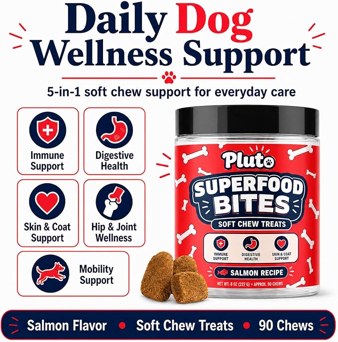 Pluto Superfood Softchew for Dogs, Immune Support Digestive Health Skin & COATSUPPORT Hip and Joint Supplement for Dogs Salmon Flavor 90 Chews (1 PCS)