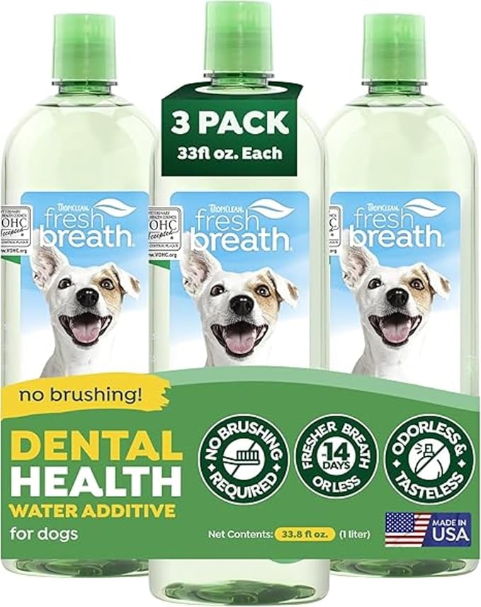 TropiClean Fresh Breath Water Additive, Dog Breath Freshener, 33.8oz 3 Pack | Freshens Breath & Cleans Teeth | No Toothpaste or Toothbrush Required | Value 3-Pack