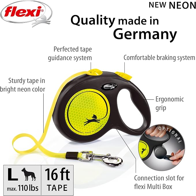 FLEXI® Neon Tape Retractable Dog Leash, Large, 16 ft - Neon Yellow/Black | German engineered, original flexi leash, durable quality for dogs up to 110 lbs, tangle-free, walking, reliable brake system