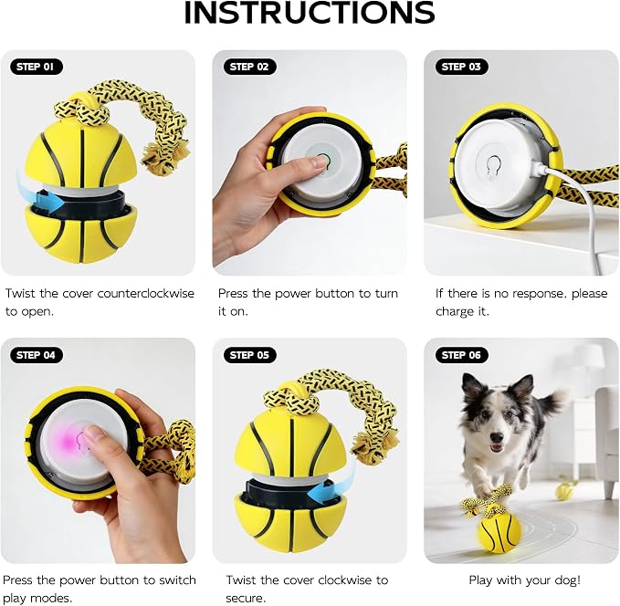 Pet Prime Interactive Dog Ball Toy with Rope,Rechargeable Automatic Rolling Ball with Motion Activated,3 Play Modes for Medium/Large Dogs, Self-Moving Toy to Keep Pets Busy and Entertained Yellow