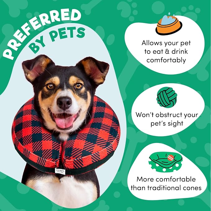BENCMATE Inflatable Dog Cone Collar Alternative After Surgery Medium, Plaid | Soft Dog Cone for Small Medium Large Dogs and Cats, Doggie Neck Donut Recovery ECollar to Stop Licking Pets from Injury