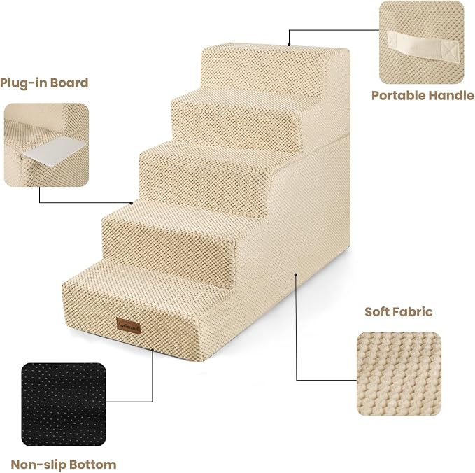 Aodisman Dog Stairs for High Bed 22.6" H,5-Step Dog Steps for Small Dogs and Cats,Indoor Non-Slip Balanced Pet Stairs are Suitable for Puppy,Older Cat,Beige