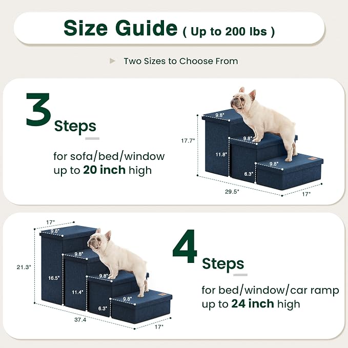 Love's cabin Dog Stairs with Storage, 3 Steps Wider Dog Steps for High Bed 18" H, Foldable Pet Stairs for Small Medium Large Dogs Cats for Bed Couch Car, Ramp with Zip up to 200 lbs, Navy Blue
