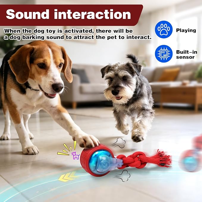 Muhhiba Interactive Dog Toys, Automatic Moving Dog Toy with Rope, Motion Activated, Rechargeable Dog Ball to Keep Them Busy