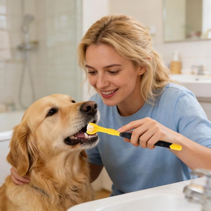 3 Sided Pet Toothbrush for Dogs&Cats, Dog Tooth Brush with Soft Bristles, Easy Teeth Cleaning & Dental Care, Removes Tartar & Bad Breath, Oral Care for Medium & Large Pets (Yellow*2)
