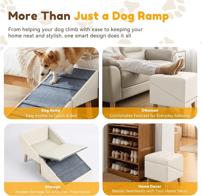 Dog Ramp for Small Dogs, 15.7" H 3-in-1 18.5" Extra Wide Foldable Ottoman & Hidden Storage Design Dog Stairs for Couch Sofa, Non-Slip Pet Steps for Puppy Senior Injured Dogs (White)