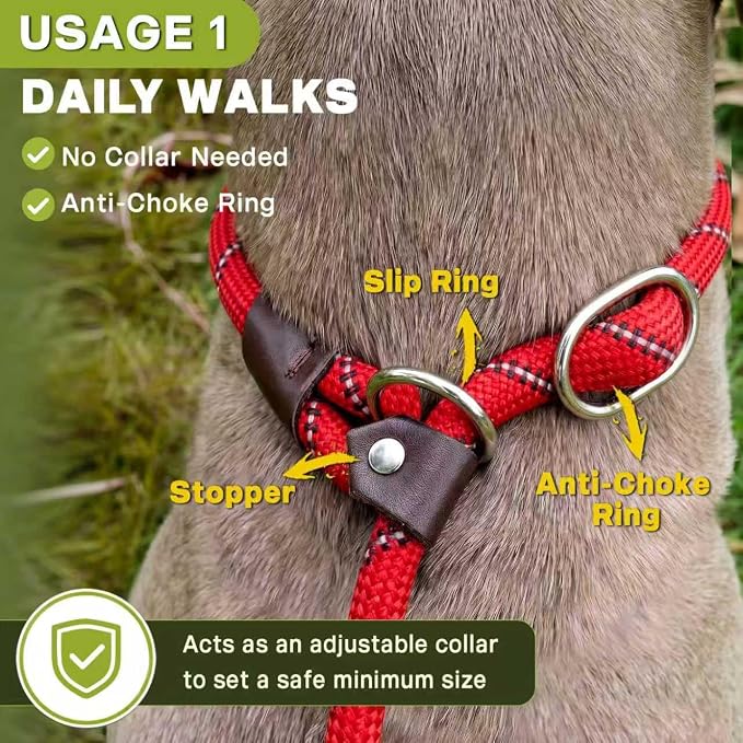 Fida Durable Slip Lead Dog Leash, 6 FT x 1/2" Heavy Duty Comfortable Strong Rope Slip Lead for Large, Medium Dogs, No Pull Pet Training Leash with Highly Reflective, Red