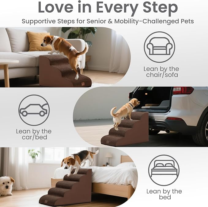 GoGoBunny Ramp Dog Stairs for Couch Sofa and Chair 11.8" H, 2-Step Pet Steps for Small Dogs and Cats, Non-Slip Waterproof Fabric Cover, Stable and Balanced Indoor Step, Pets Friendly, Brown