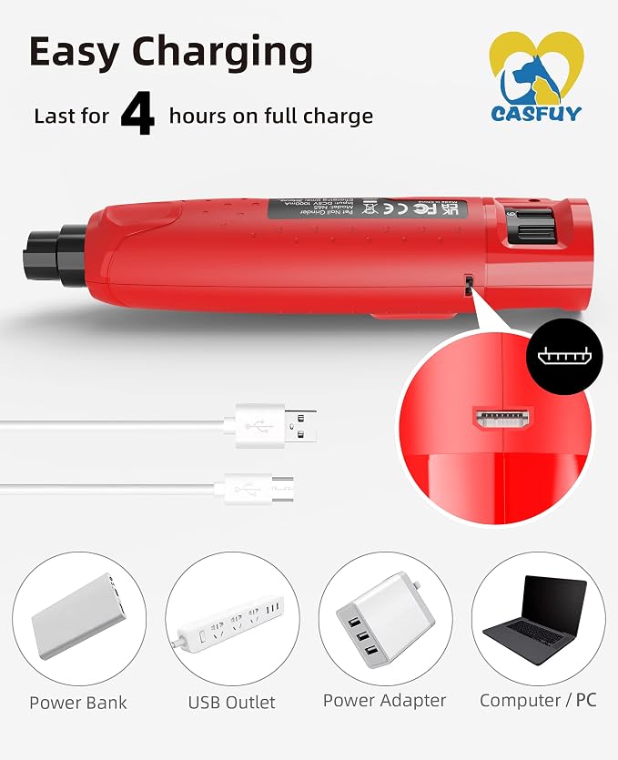 Casfuy 6-Speed Dog Nail Grinder with 2 LED Lights - Red