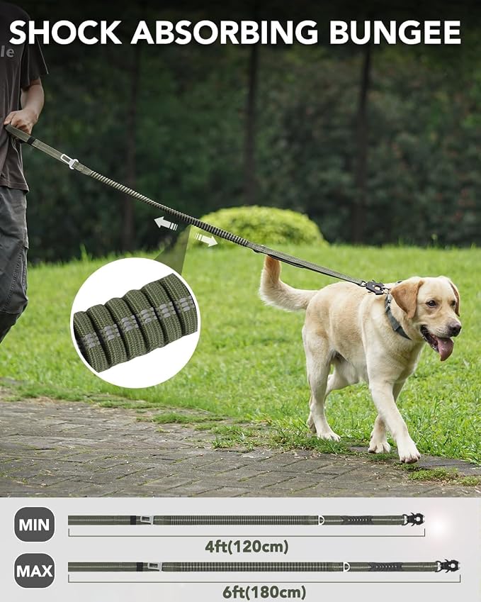 Joytale Tactical Dog Collar(17"-21") and Dog Leash Set, Shock Absorbing Bungee Dog Leash and Adjustable Strong Dog Collar with Handle for Large Dogs(ArmyGreen, L)