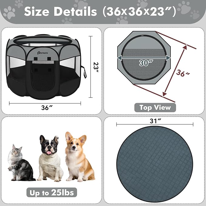 Dog Cat Playpen Indoor Outdoor for Puppy Pet Dogs Cat Recovery After Surgery, Dog Tent Crates Cage Indoor/Outdoor, Portable Pop Up Kennel with Carrying Case for Travel (Dark Grey with Pad, Medium)