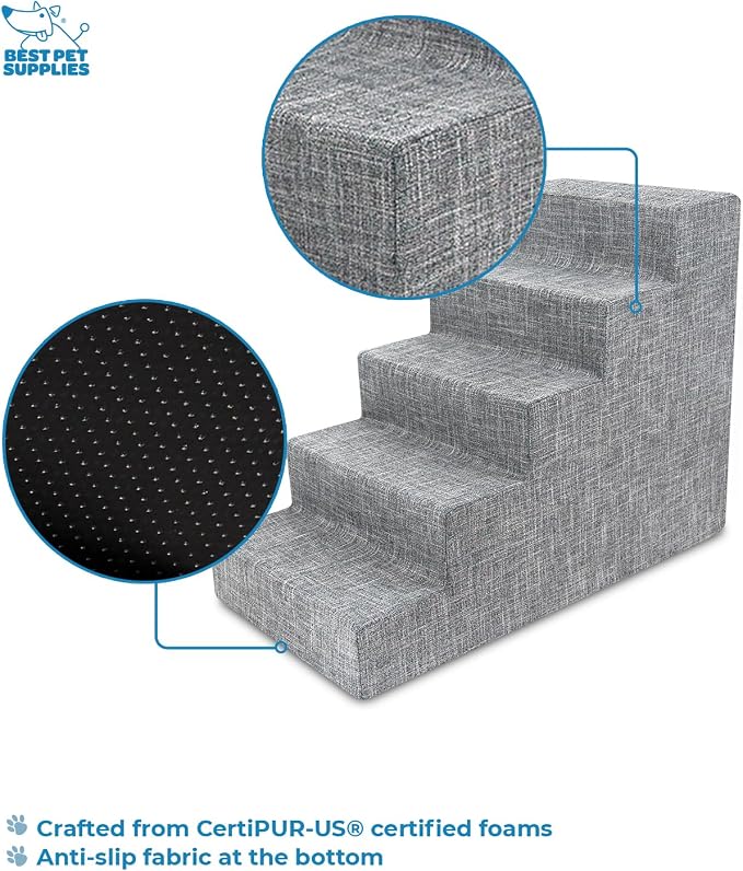 Best Pet Supplies Dog Stairs & Steps - Foam Steps for Small Dogs & Cats, Non-Slip Indoor Balanced Pet Step Support, Dog Ramp, No Assembly, Ash Gray Linen, 5-Step (22.5-inch Height)