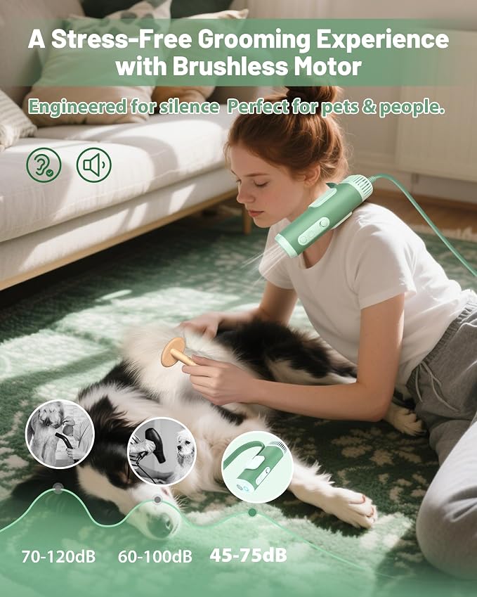 Hands-Free Dog Hair Dryer – Low Noise Pet Grooming Blower for Small & Medium Dogs Cats, Fast Drying, Adjustable Heat & Speed, Portable (Gray)
