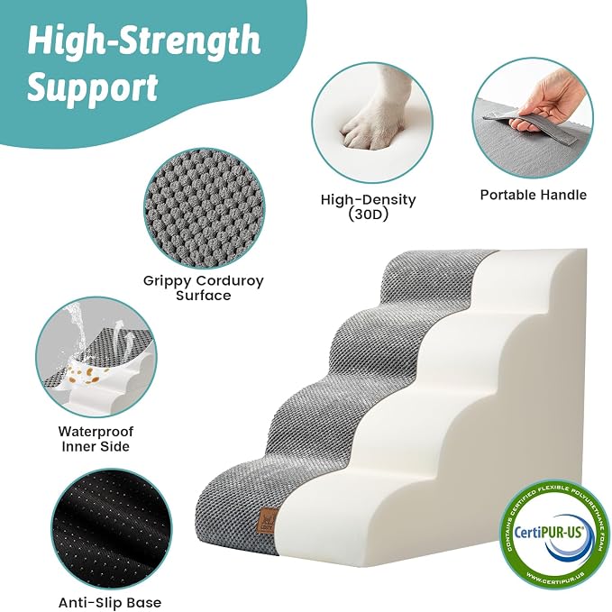 COZY KISS Wide Dog Stairs for Small Dog 19.7" H, 4 Step Pet Ramp for Bed | Curved Stable Dog Step for Puppy, Older Cat, Senior, Medium, Short-Legged Dog, Non-Slip Ladder, 17.7 inch Width, Grey