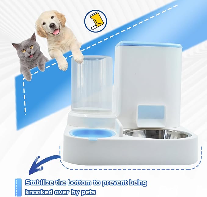 Automatic Cat Food and Water Dispenser Set 2 in 1, 2 in, Stainless Steel, Blue
