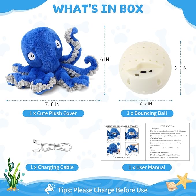 Interactive Dog Octopus Toy, Upgrade Automatic 1.5H Jumping Ball with Motion Activation for Small Large Dogs, 2 in 1 Rechargeable Move & Tug Plush Toy Pets Keep Busy, No Music (Blue Crinkle)