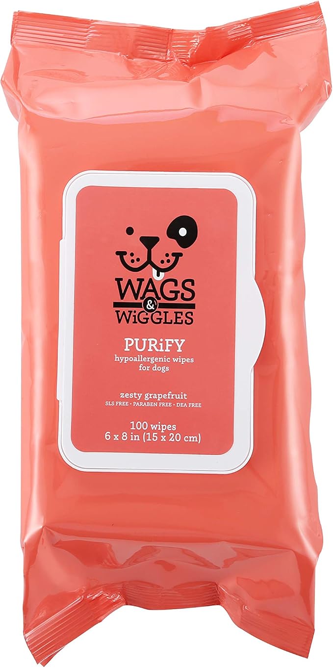 Wags & Wiggles Purify Hypoallergenic Grooming Wipes, Grapefruit, 100 Count (12 Pack)