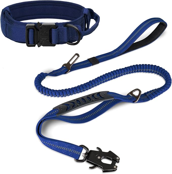 Joytale Tactical Dog Collar(17"-21") and Dog Leash Set, Shock Absorbing Bungee Dog Leash and Adjustable Strong Dog Collar with Handle for Large Dogs(Navyblue, L)