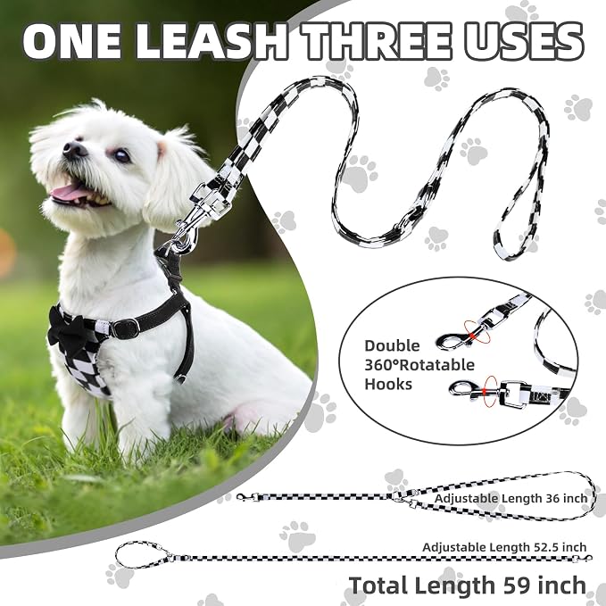 PUPTECK Dog Harness and Leash Set Small Sized, Lightweight Step-in Puppy Harness, Escape Proof No Pull Cute Pet Vest Harnesses, Black&White Checkered XS