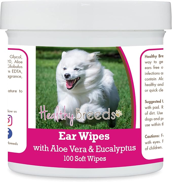 Healthy Breeds American Eskimo Dog Ear Cleaning Wipes with Aloe & Eucalyptus, 100 Count