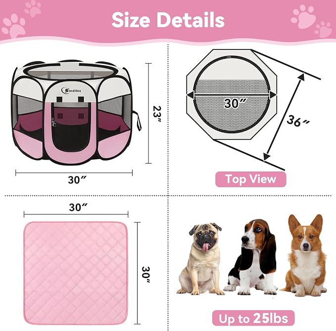 Siedihit Dog Cat Playpen, Puppy Pet Playpen Indoor for Dog Crate Tent Cage Outdoor, Portable Pop Up Dogs Enclosure Kennel with Carrying Case for Dogs/Cats/Rabbits (Pink with Pad, Medium)
