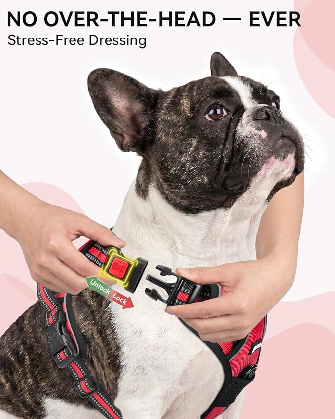 Joytale No Pull Dog Harness & Seat Belt, Easy On 3-Buckle, L, Red | Front Clip Reduces Pulling, Escape-Resistant Design, Adjustable Fit, Soft Padding for Comfort, Secure Tether for Safer Travel