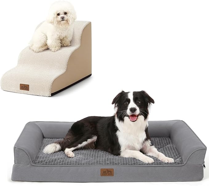 COZY KISS 3 Step Foam Beige Dog Stairs and Grey Dog Bed