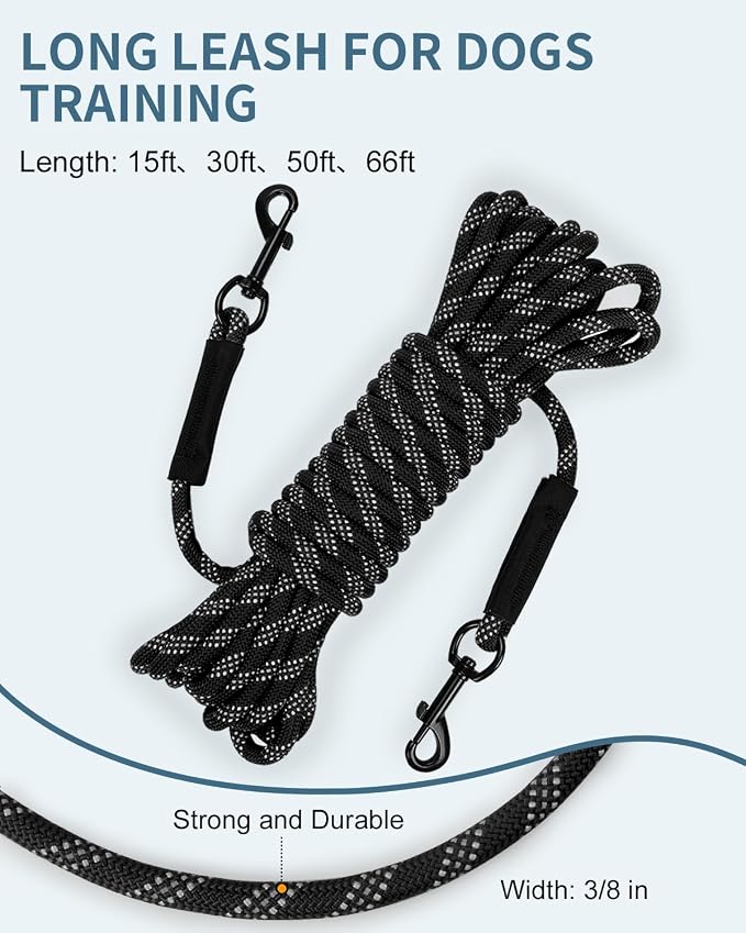 Taglory Long Dog Leash with Removable Padded Handle Tie Out, 15/30/50/66FT Heavy Duty Training Leash with 2 Swivel Hooks for Large Medium Small Dogs Camping, Hiking, Walking, Backyard, Black, 66FT