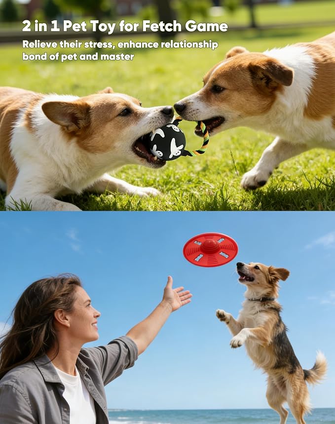 Squeaky Natural Rubber Dog Flying Disc/Frisbee/Flyer with Black Ball Gift | Water-float Natural Rubber Dog Frisbee for Outdoor, Spaceship Shaped 6.5'' Squeaky Interactive Fetch Toy for Anxiety Relief